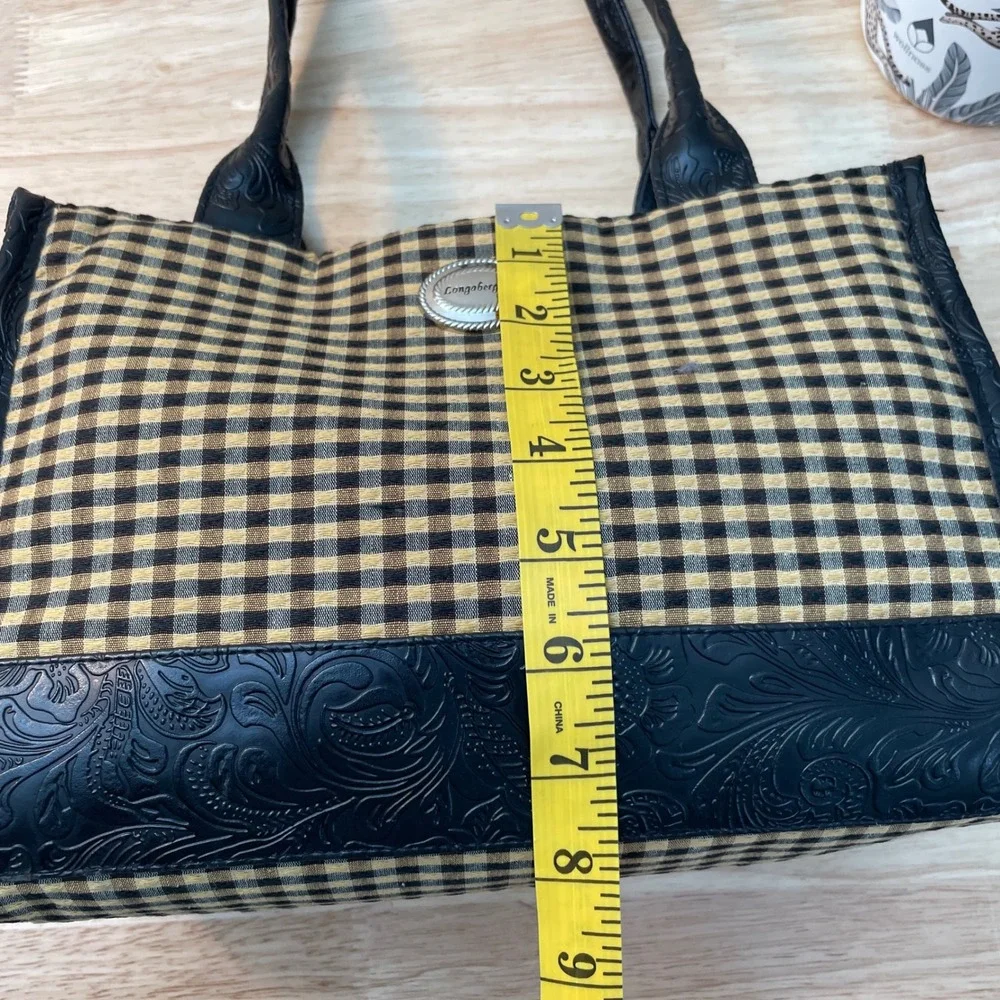 Longaberger Gingham Tote Bag Black Tan Embossed Floral Trim Silver Logo Plaque‎